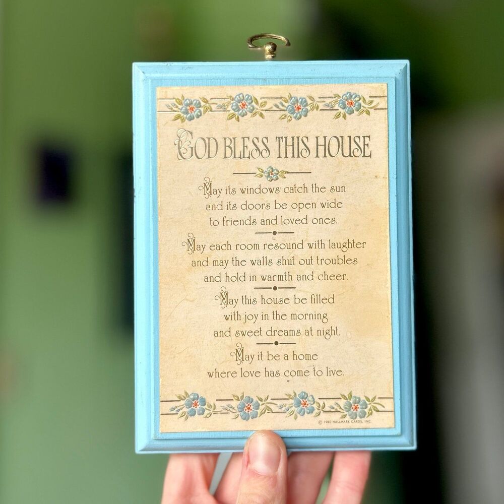 VTG Hallmark Faith Based Bless This Home Blue Floral Cottagecore Plaque Sign